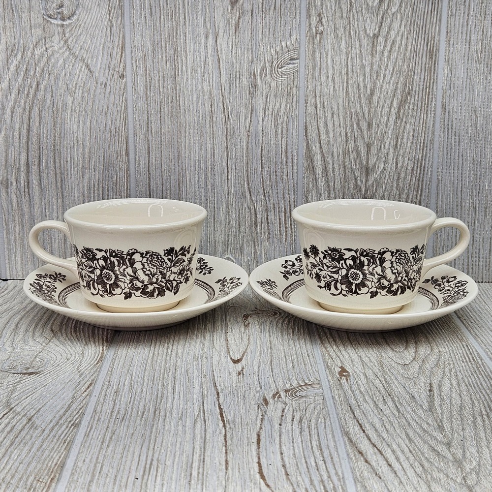 Royal China Sussex Cavalier Ironstone Brown Floral Tea Cups and Saucers Set of 2 - Picture 2 of 6